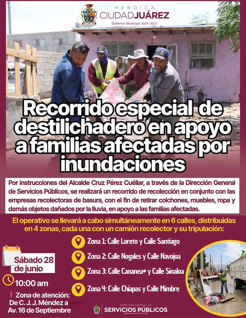 Operativo especial de destilichadero en apoyo a familias afectadas por la lluvia en Juárez