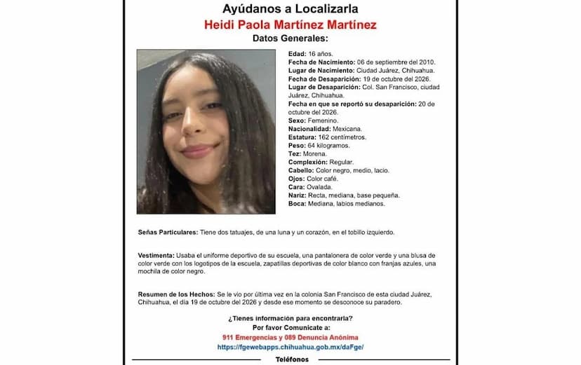 Buscan a Heidi Paola, adolescente de 16 años desaparecida cuando iba a la escuela en Juárez